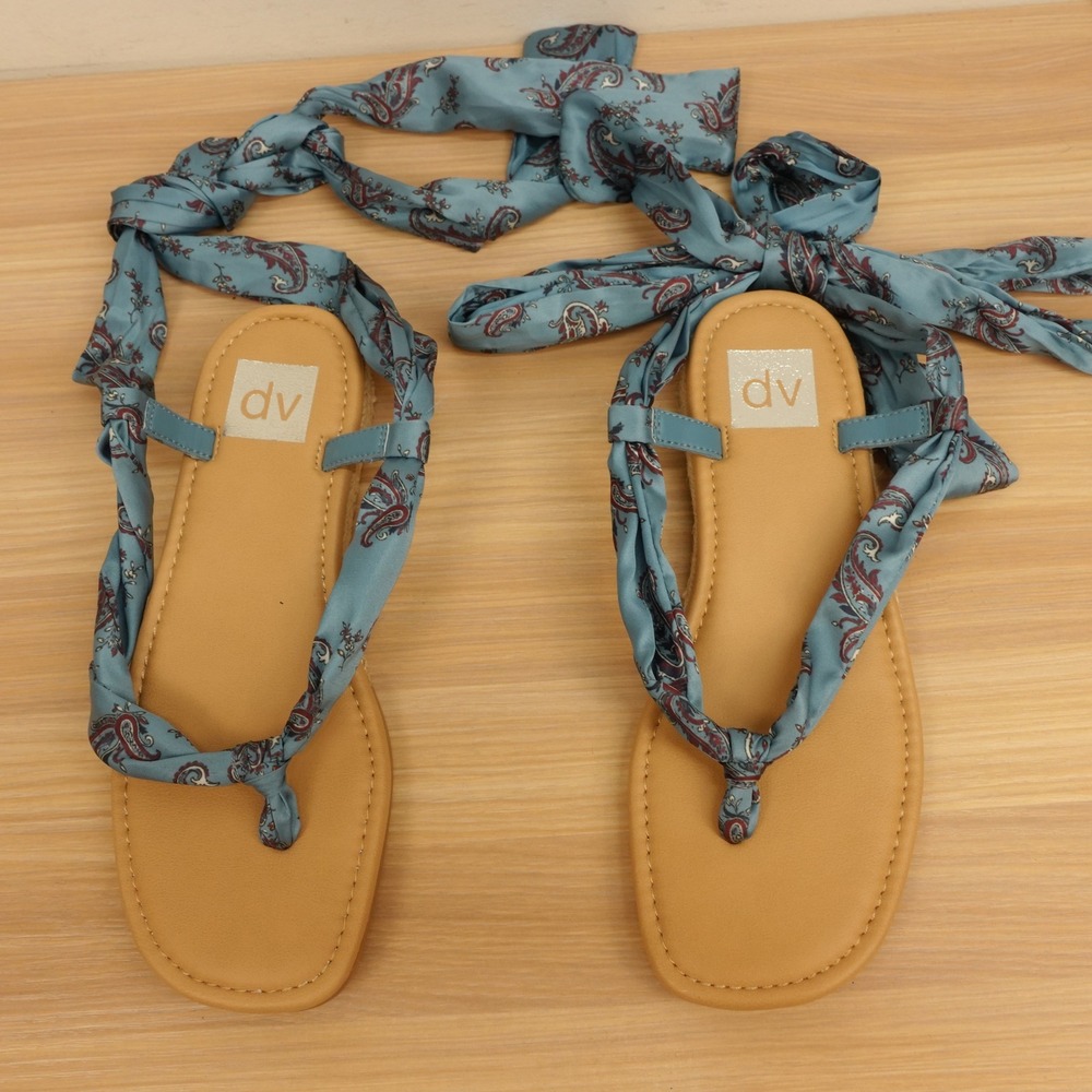 Y2K Coastal Cowgirl Flat Sandals Womens 6 Blue Boho Paisley Satin DV Dolce Vita